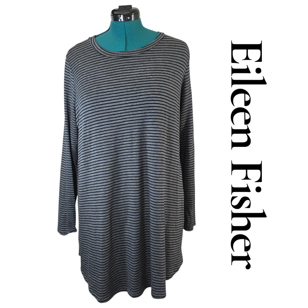 Eileen Fisher Tunic Women L Grey Tencel Striped High-Low Long Sleeve Classic Top